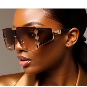 Women Sophisticated Rectangular Flat Top Euro Style Metal‎ Rim Sunglasses Brown